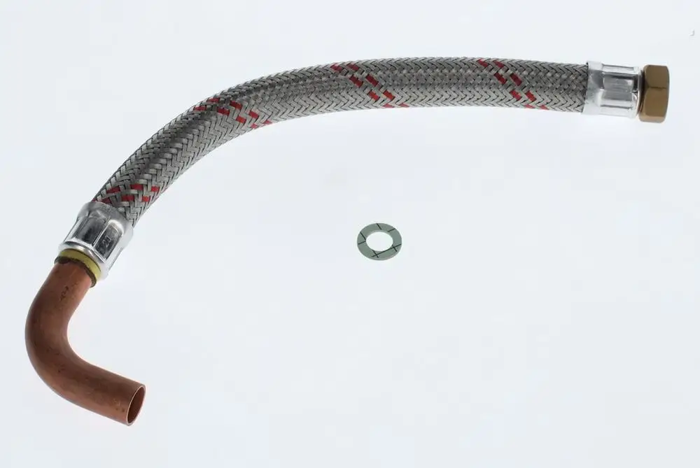 Flexschlauch aus Metall und Kunststoff mit einem gewinkelten Ende, geeignet für verschiedene Anwendungen. Bosch ist im Design erkennbar.